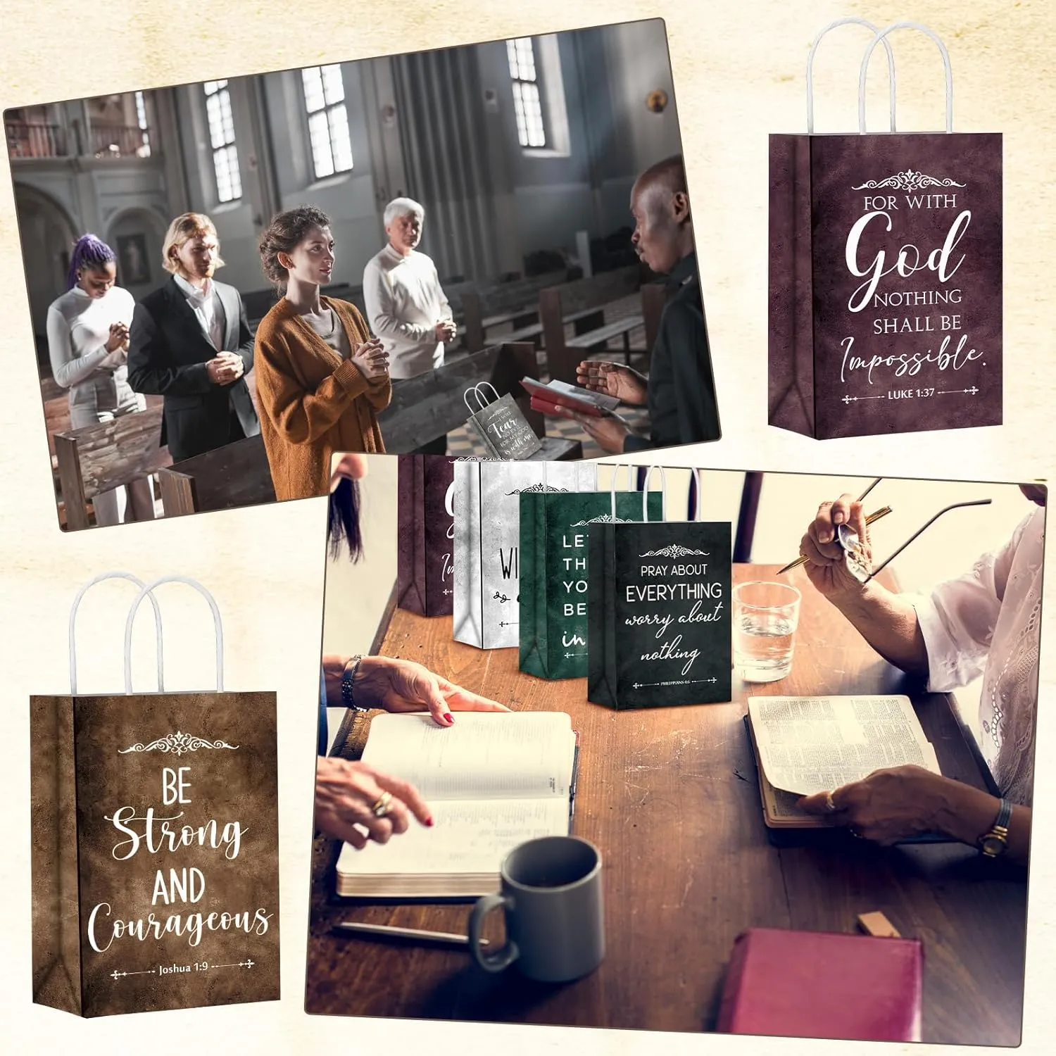 60 Pcs Christian Paper Bags Bulk Fathers Day Gift Religious Bible Verse Treat Bags with Handles Sunday School Inspirational Gifts for Women Church Welcome Visitors Baptism Party Supplies