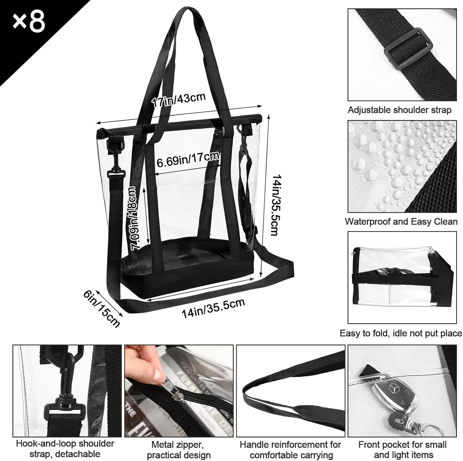 8 Pcs Clear Tote Bags with Zipper Adjustable Shoulder Bag Handbag Detachable Strap See Through Security Approved