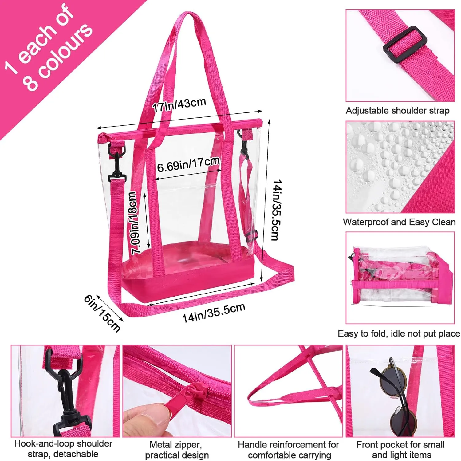 8 Pcs Clear Tote Bags with Zipper Adjustable Shoulder Bag Handbag Detachable Strap See Through Security Approved