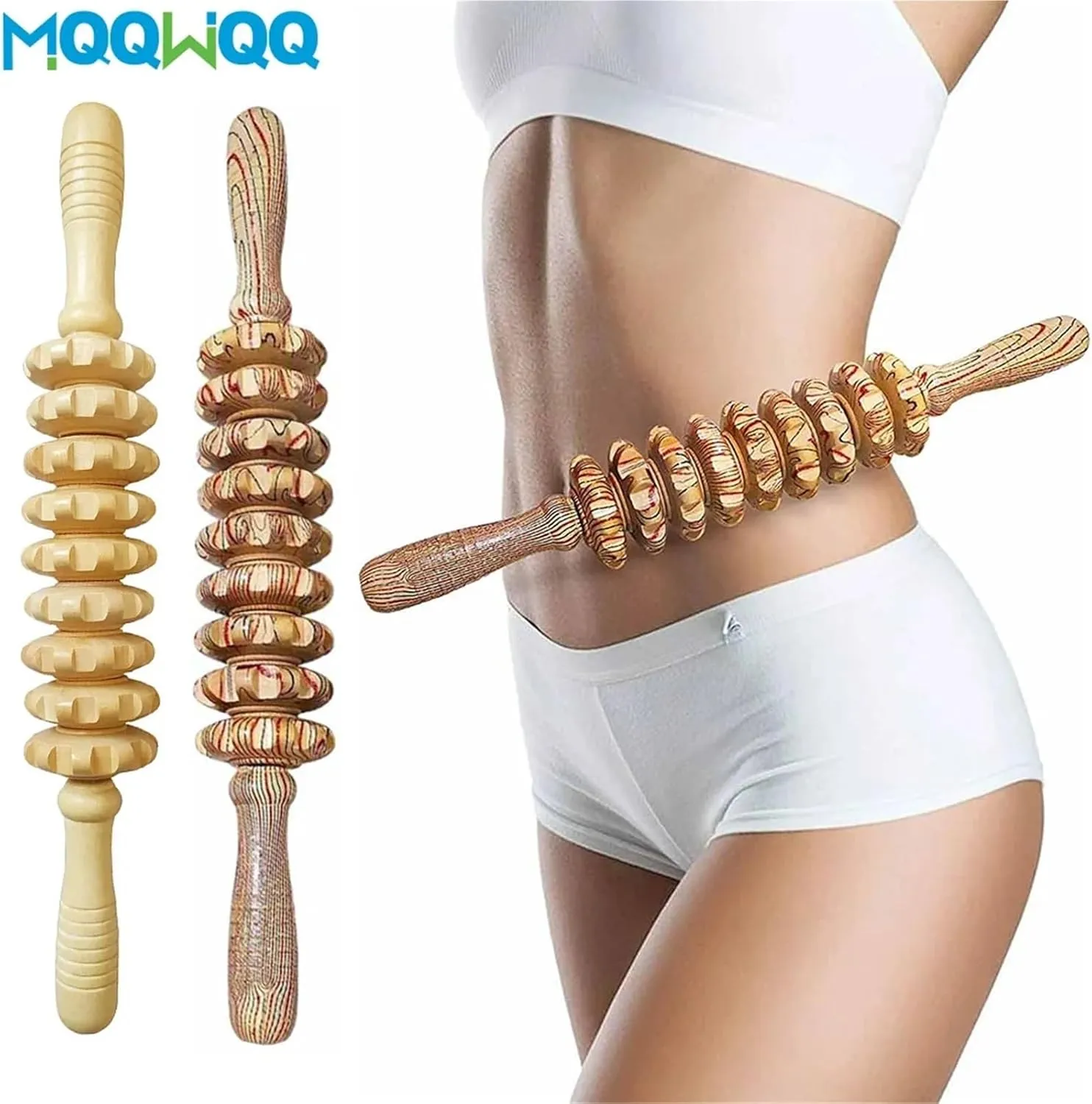 9-Roller Wooden Massage Stick - Handheld Deep Tissue Massager for Muscle Pain Relief, Anti-Cellulite, Myofascial Release - Portable Trigger Point Therapy Tool for Back, Legs, Feet & Body(Nature)