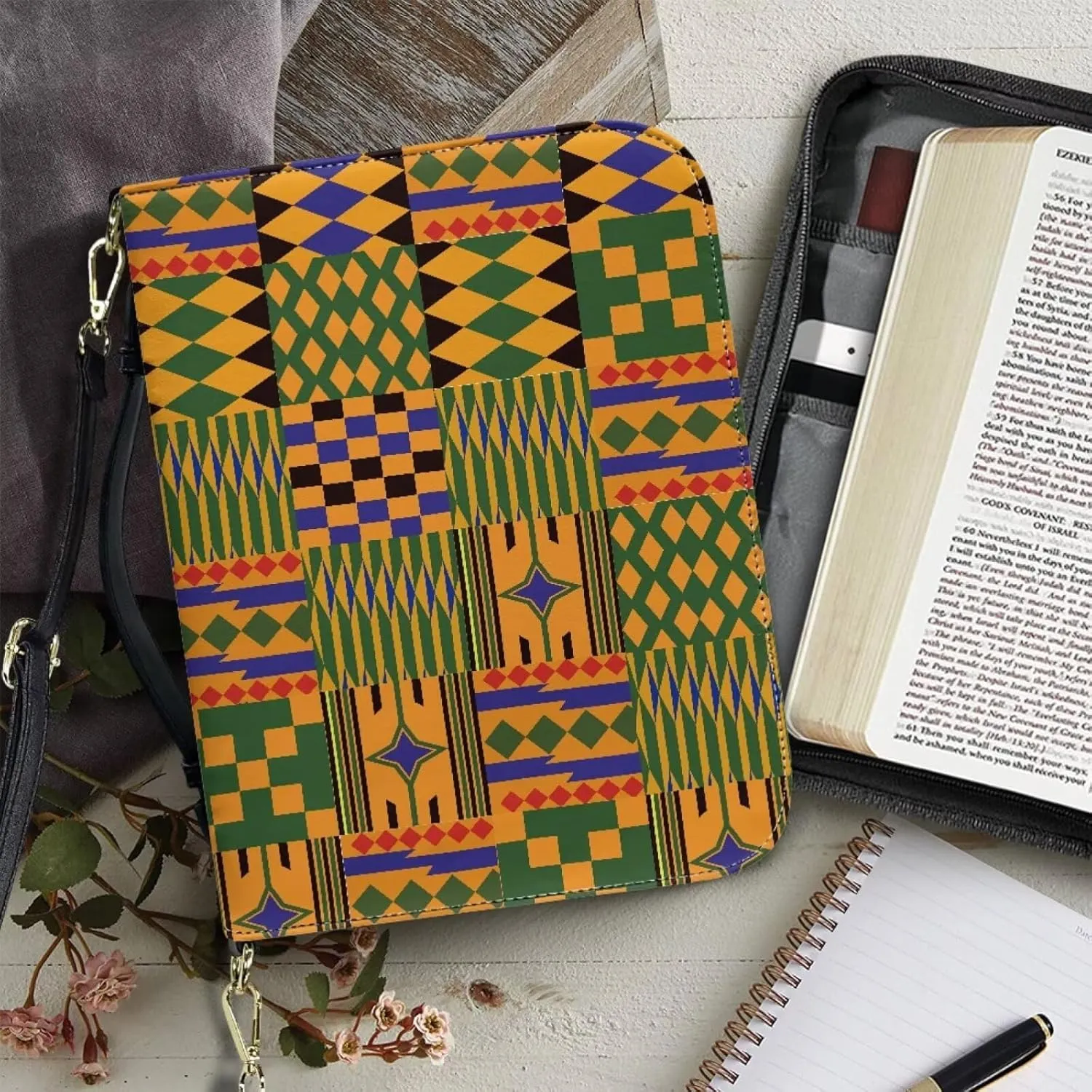 Abstract Aztec Geometric Print Bible Case for Women Hope and Love Leather Bible Cover with Shoulder Strap and Handle Sturdy Bible Protector Zippered Bible Bag with Pen Slots, M