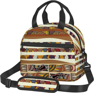 Abstract Design,Insulated Reusable Lunch Bag with Adjustable Shoulder Strap for Adults,Traditional Cultural Boho,Leakproof Office Picnic Hiking Beach Tote Bag,Brown,9x5x7.8in