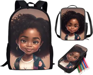 African Black Girl Backpack for Kids 8-12/12-14 School Bag With Lunch Box and Pencil Case Americana Girls Bookbags for 2Nd/3Rd/4Th/5Th Grade 17 Inch Travel Back Pack Set 3 In 1 Brown