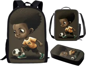 African Boy School Bag with Lunch Box Pencil Case Set 3 in 1, Primary Elementary Football Book Bags for Kids African Backpack for 2Nd/ 3Rd/4Th/5Th Grade