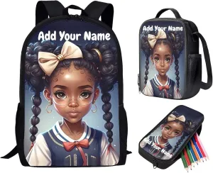 Afro Black Girl Personalized Backpack with Lunch Box for Girls Custom School Bags 10-12 Years Old,Custom Name Princess Bookbag Elementary/Primary Kids Book Bag Lunchbag Pencil Case