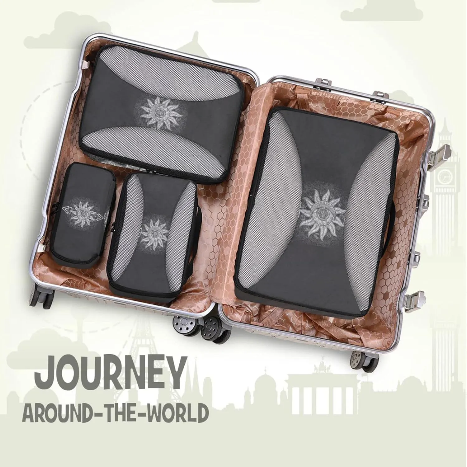 Alchemy Symbols Planet Icon Magic, Astrology, Mystery, Occultism 4 Set Packing Cubes, Travel Packing Organizers, 600D Oxford Cloth Toiletry Storage Bag, Luggage Mesh Bags for Accessories