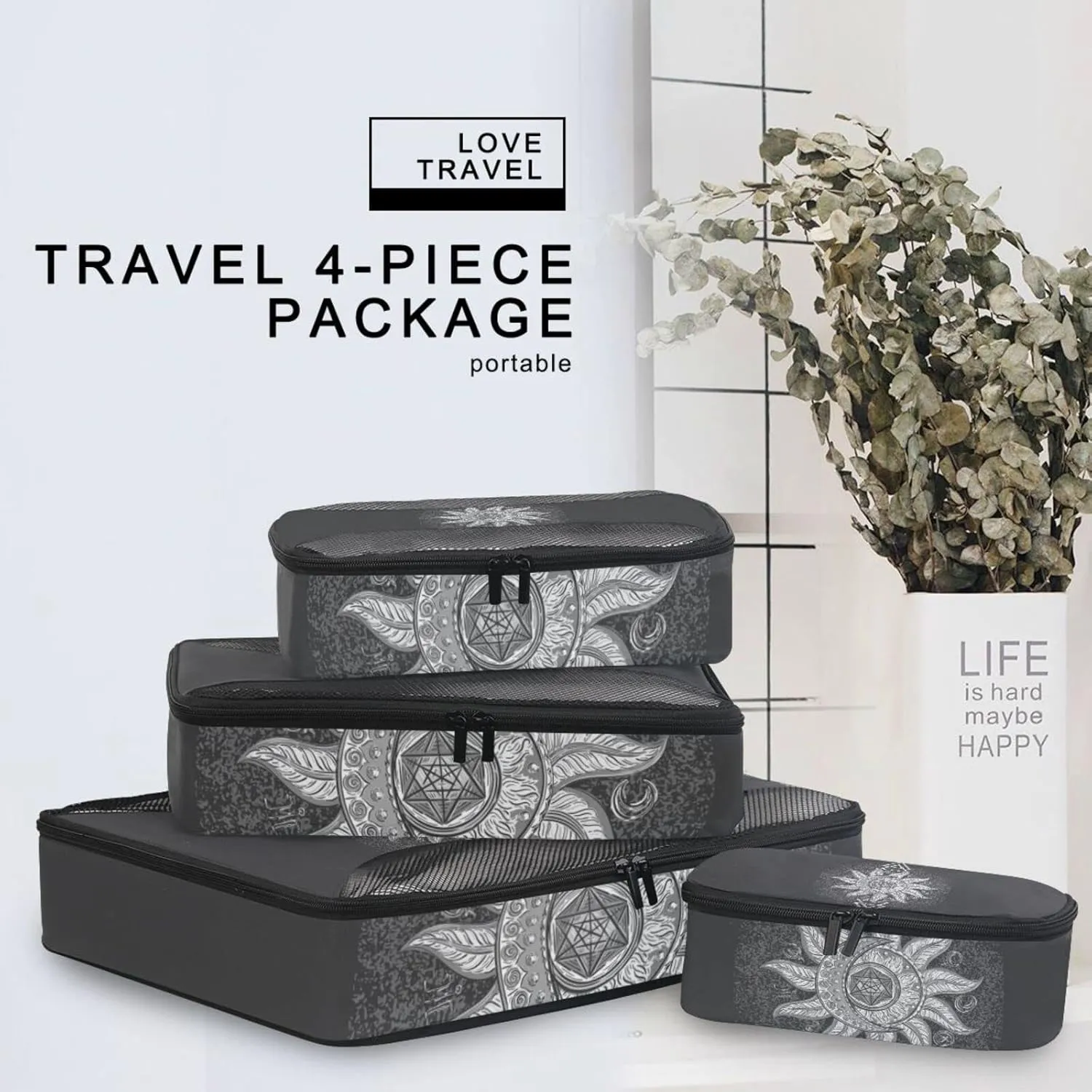 Alchemy Symbols Planet Icon Magic, Astrology, Mystery, Occultism 4 Set Packing Cubes, Travel Packing Organizers, 600D Oxford Cloth Toiletry Storage Bag, Luggage Mesh Bags for Accessories