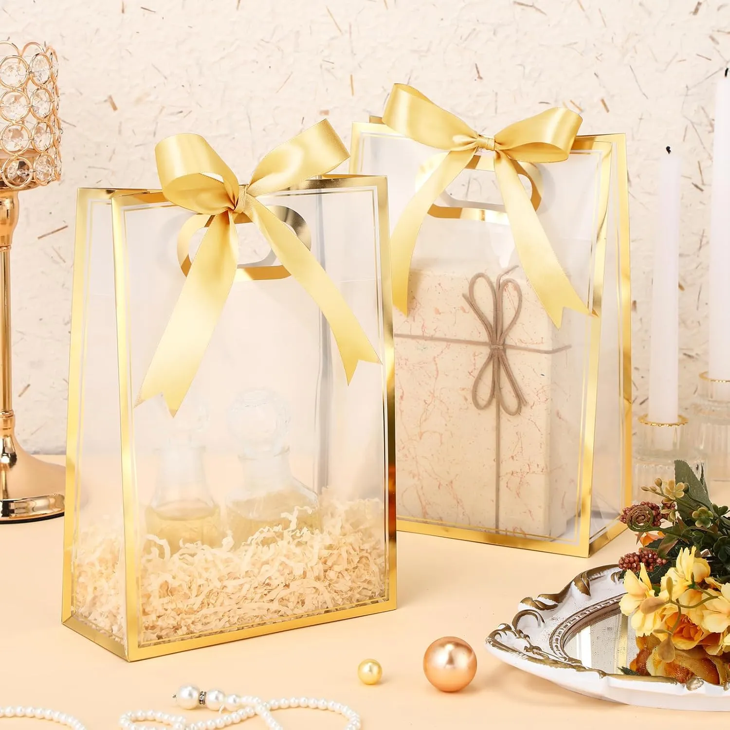 Aliceset 12 Pcs Clear Plastic Gift Bag with Die Cut Handles Graduation Reusable PP Flower Bag with Ribbon for Wedding Bridal Birthday Baby Shower Party Business, 7x10x3.15 Inch(Gold)