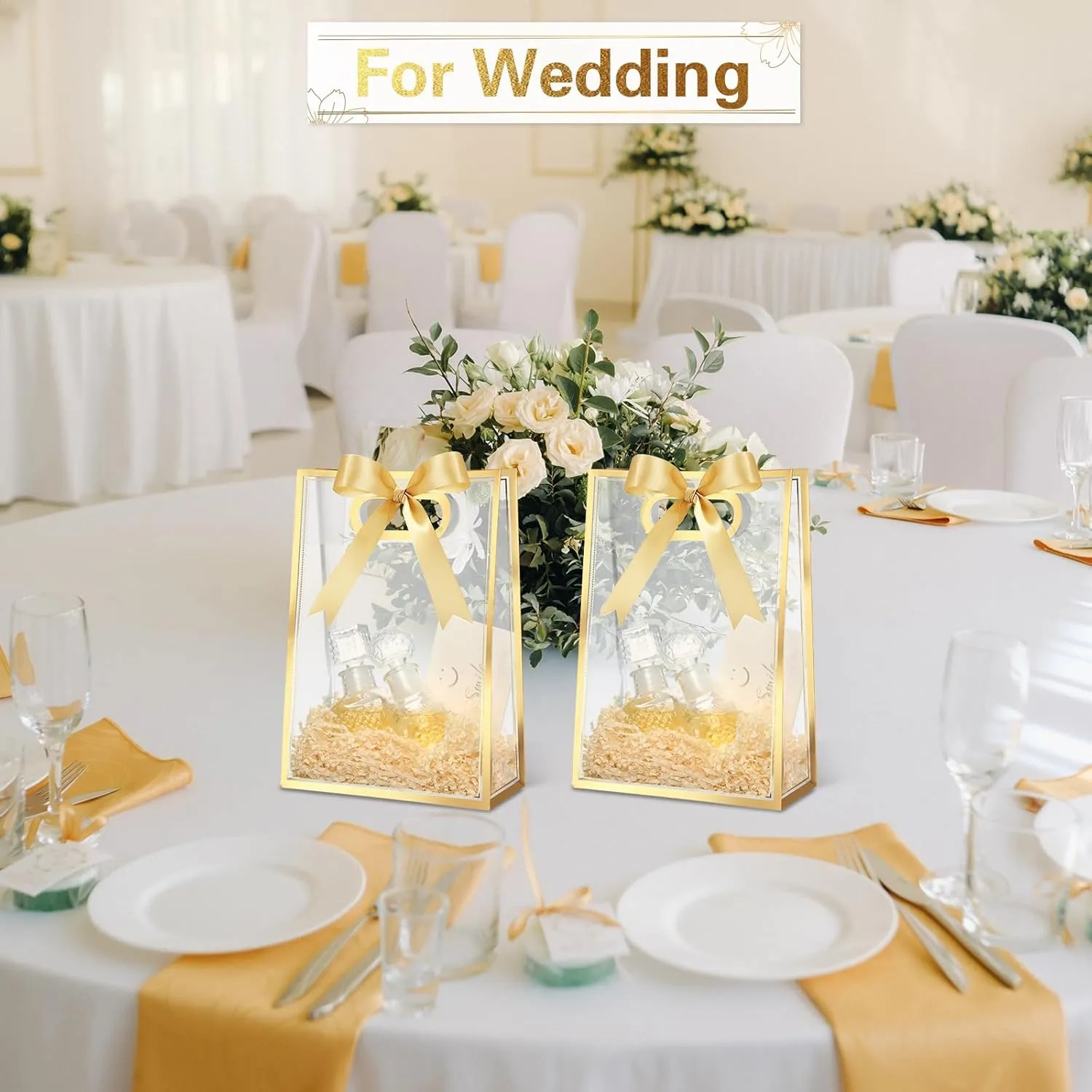 Aliceset 12 Pcs Clear Plastic Gift Bag with Die Cut Handles Graduation Reusable PP Flower Bag with Ribbon for Wedding Bridal Birthday Baby Shower Party Business, 7x10x3.15 Inch(Gold)