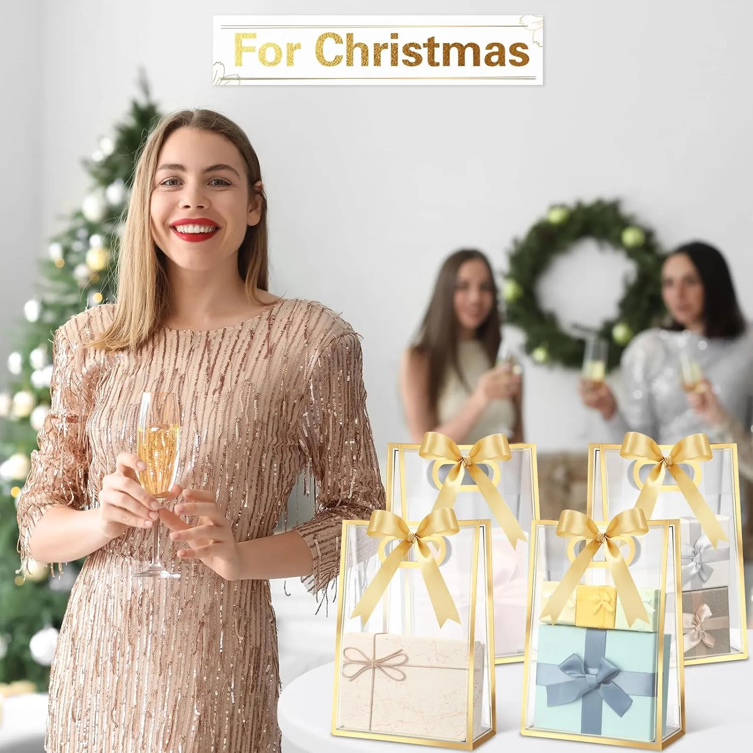 Aliceset 12 Pcs Clear Plastic Gift Bag with Die Cut Handles Graduation Reusable PP Flower Bag with Ribbon for Wedding Bridal Birthday Baby Shower Party Business, 7x10x3.15 Inch(Gold)