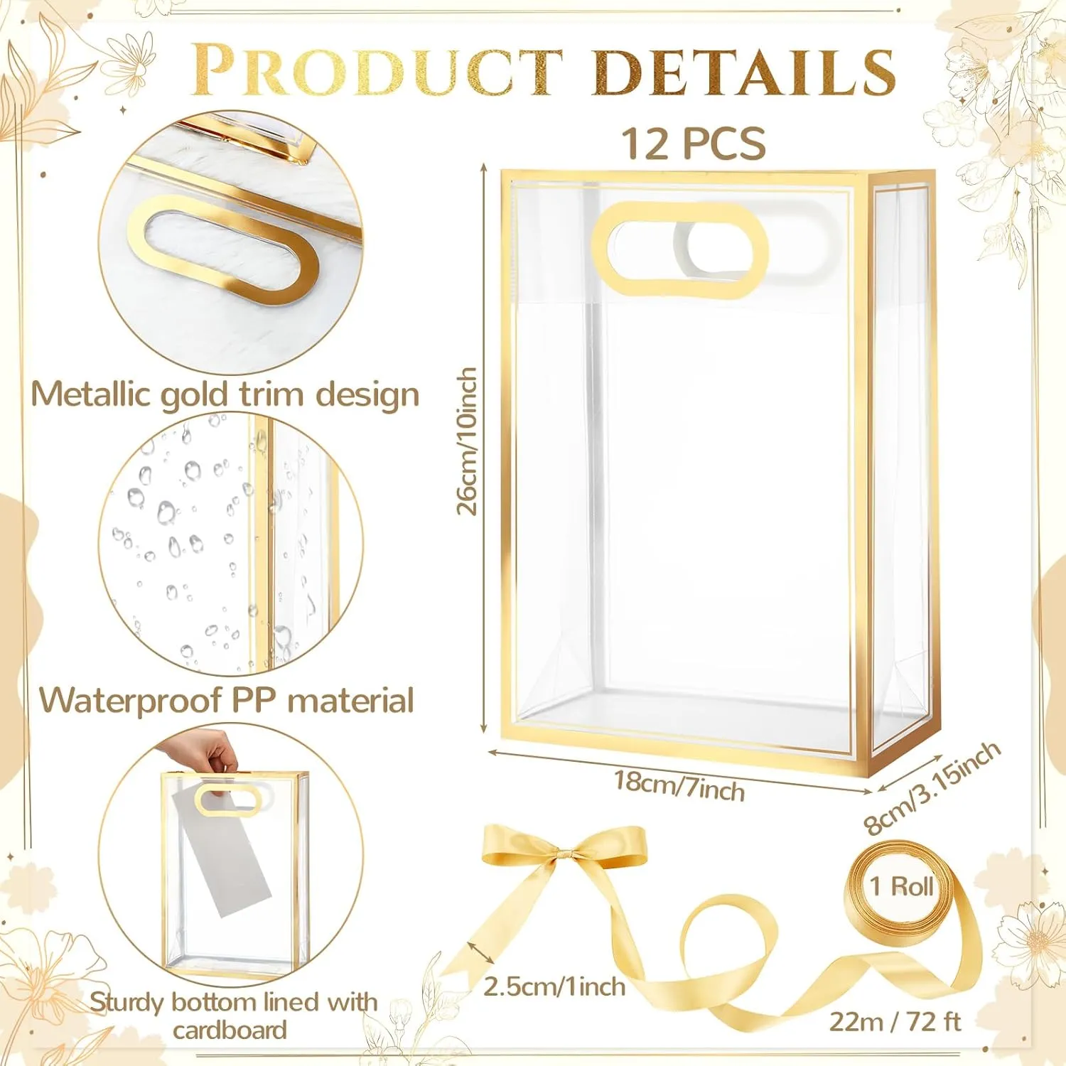 Aliceset 12 Pcs Clear Plastic Gift Bag with Die Cut Handles Graduation Reusable PP Flower Bag with Ribbon for Wedding Bridal Birthday Baby Shower Party Business, 7x10x3.15 Inch(Gold)