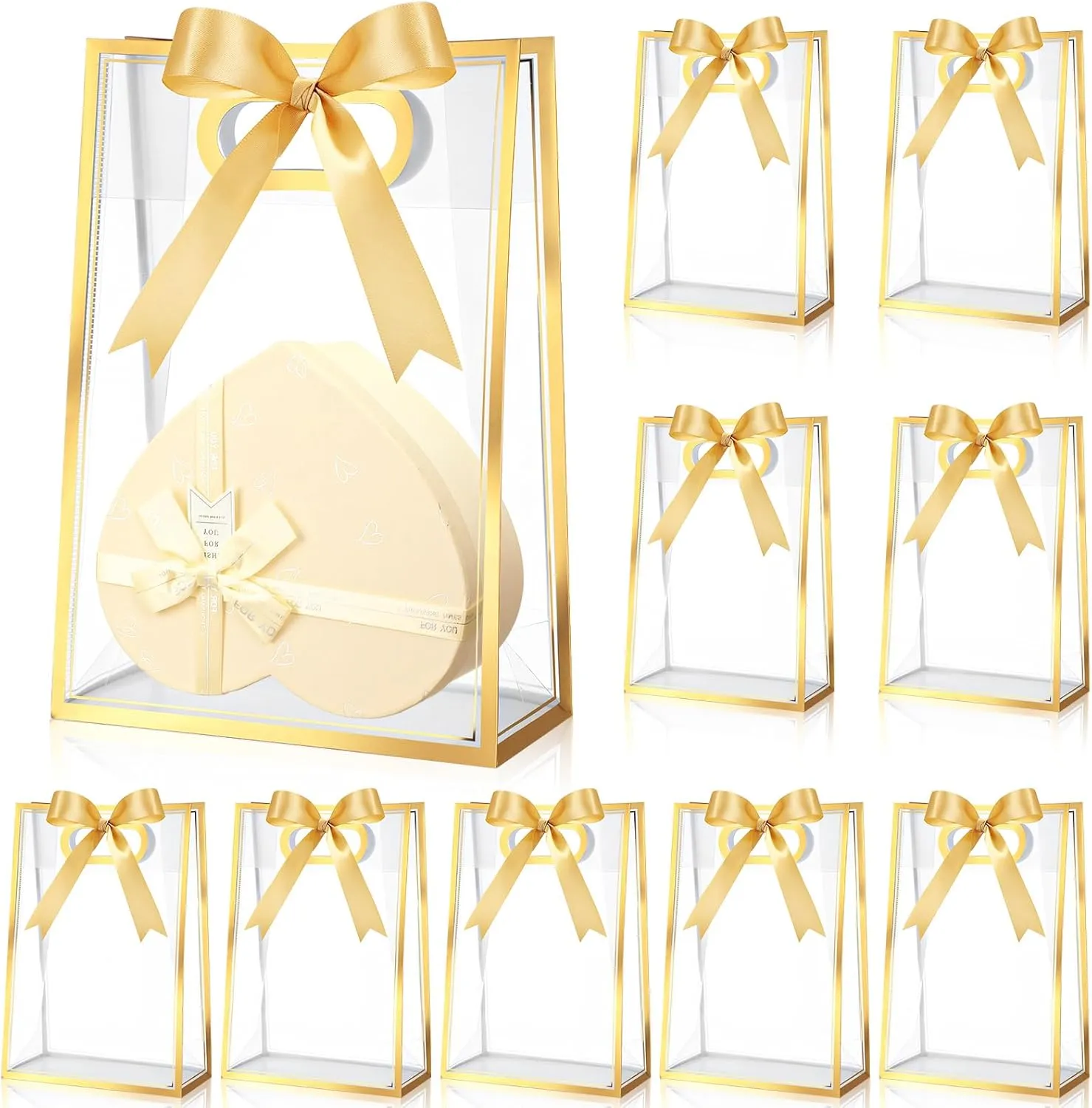 Aliceset 12 Pcs Clear Plastic Gift Bag with Die Cut Handles Graduation Reusable PP Flower Bag with Ribbon for Wedding Bridal Birthday Baby Shower Party Business, 7x10x3.15 Inch(Gold)