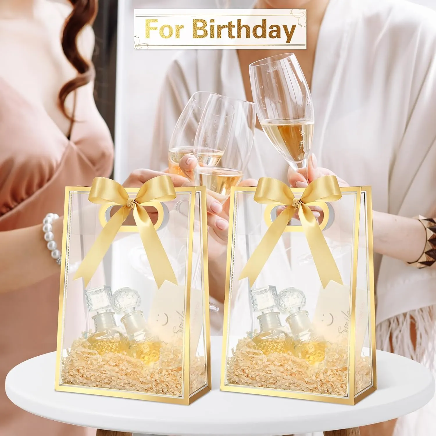 Aliceset 12 Pcs Clear Plastic Gift Bag with Die Cut Handles Graduation Reusable PP Flower Bag with Ribbon for Wedding Bridal Birthday Baby Shower Party Business, 7x10x3.15 Inch(Gold)