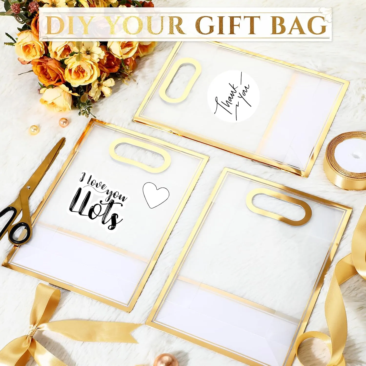 Aliceset 12 Pcs Clear Plastic Gift Bag with Die Cut Handles Graduation Reusable PP Flower Bag with Ribbon for Wedding Bridal Birthday Baby Shower Party Business, 7x10x3.15 Inch(Gold)