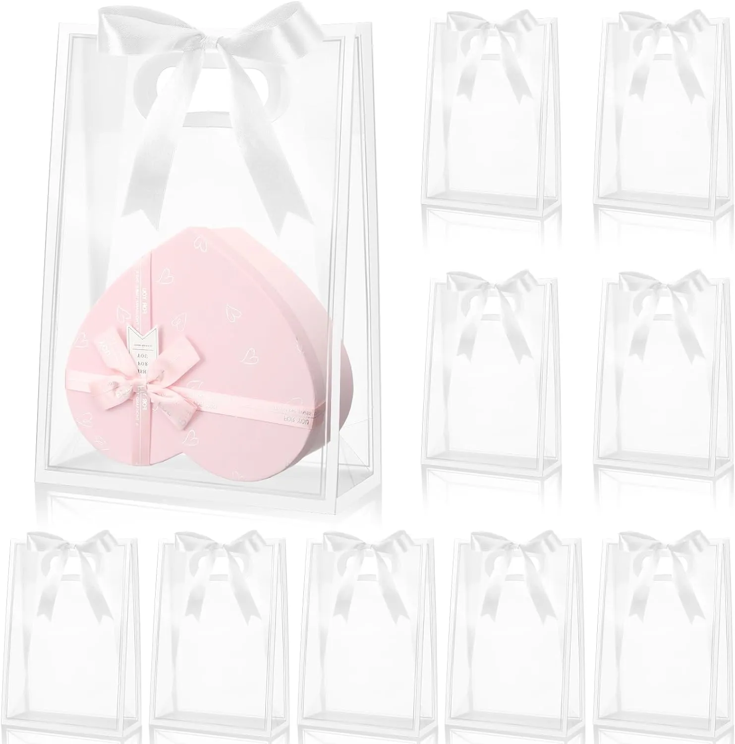 Aliceset 12 Pcs Clear Plastic Gift Bag with Die Cut Handles Graduation Reusable PP Flower Bag with Ribbon for Wedding Bridal Birthday Baby Shower Party Business, 7x10x3.15 Inch(White)
