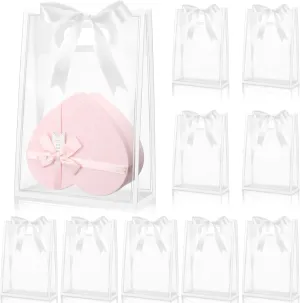 Aliceset 12 Pcs Clear Plastic Gift Bag with Die Cut Handles Graduation Reusable PP Flower Bag with Ribbon for Wedding Bridal Birthday Baby Shower Party Business, 7x10x3.15 Inch(White)