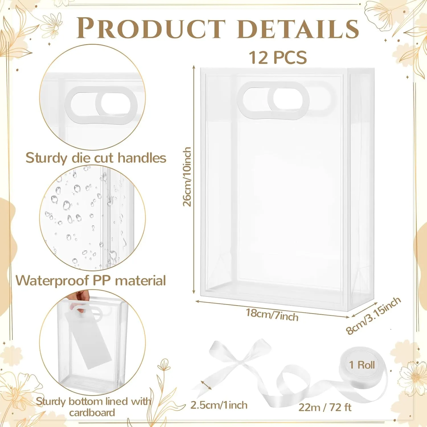 Aliceset 12 Pcs Clear Plastic Gift Bag with Die Cut Handles Graduation Reusable PP Flower Bag with Ribbon for Wedding Bridal Birthday Baby Shower Party Business, 7x10x3.15 Inch(White)