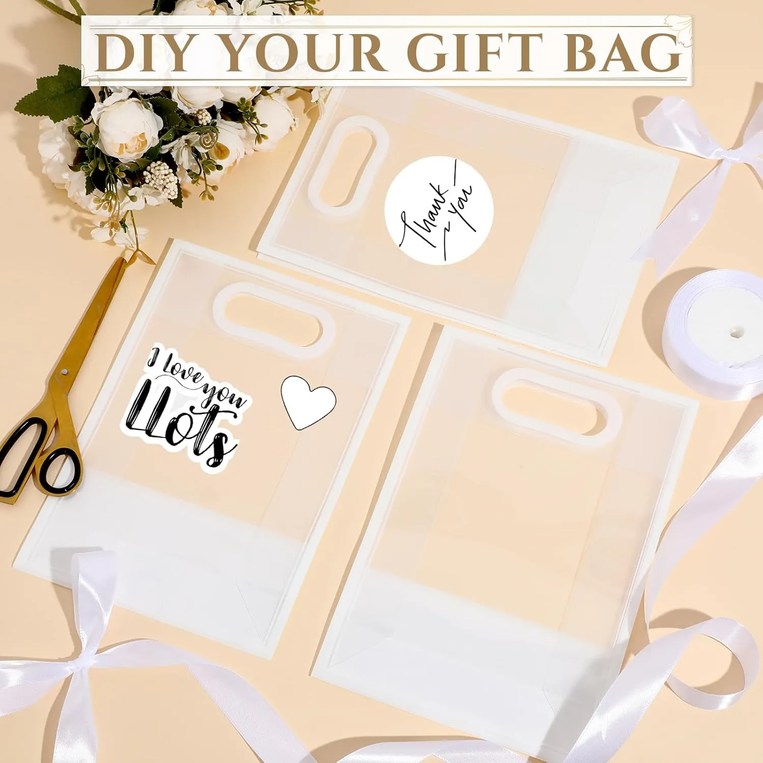 Aliceset 12 Pcs Clear Plastic Gift Bag with Die Cut Handles Graduation Reusable PP Flower Bag with Ribbon for Wedding Bridal Birthday Baby Shower Party Business, 7x10x3.15 Inch(White)