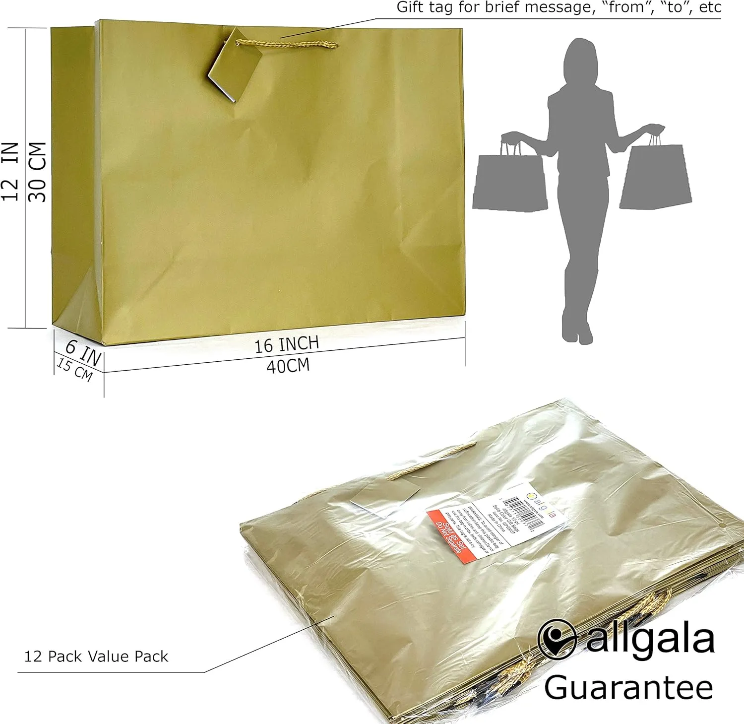 allgala Gift Bags, 12 Pack 16x12x6 Inch Extra Wide Vogue Bag Gold Gift Bags with Handles for Birthday, Wedding, Party Supplies, Baby Shower, Holidays, Chirstmas