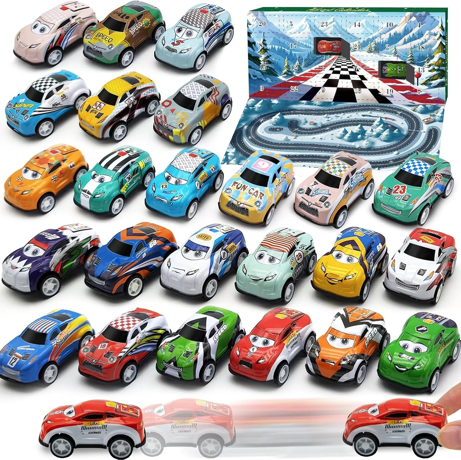 AMENON Christmas Advent Calendar 2024 for Kids with 24 Different Vehicle Pull Back Car Racing Car Toys 24 Days Countdown Calendar Stocking Stuffer Xmas Party Favors for Boys Kids
