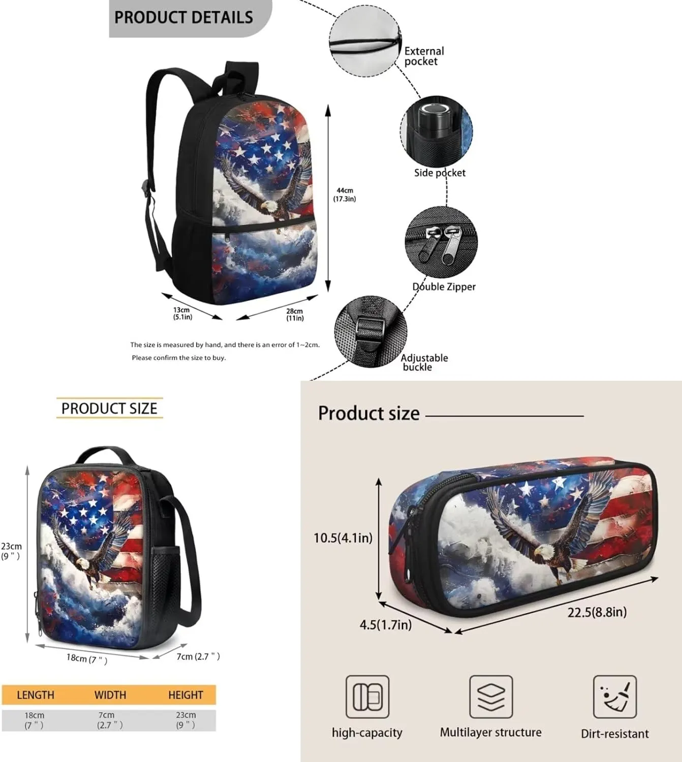 American Flag Eagle Backpack Bookbag Lunch Box Set with Pencil Case 3 Pieces Set for Kids Boys Kids Elementary School Bags Daypack Travel Bagpack
