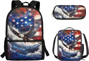 American Flag Eagle Backpack Bookbag Lunch Box Set with Pencil Case 3 Pieces Set for Kids Boys Kids Elementary School Bags Daypack Travel Bagpack