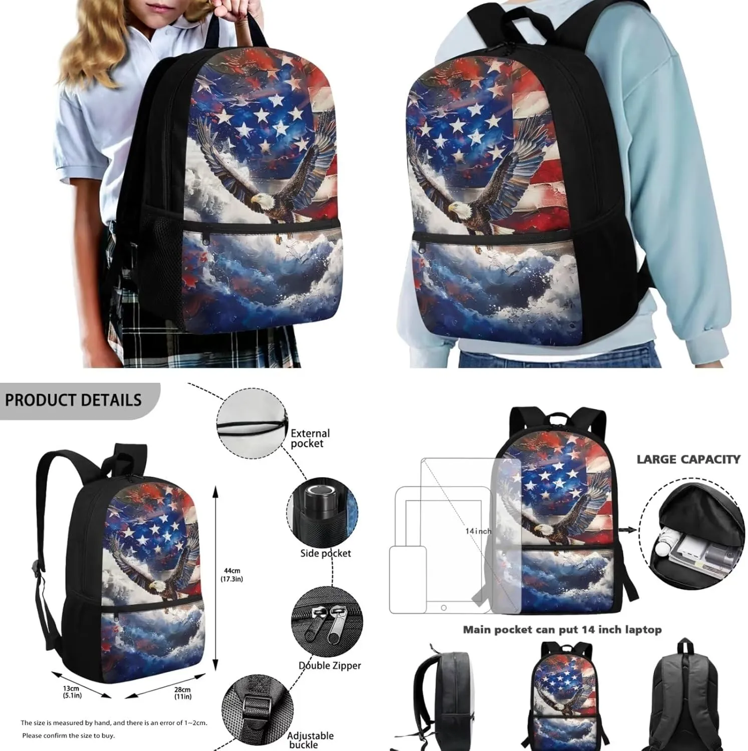 American Flag Eagle Backpack Bookbag Lunch Box Set with Pencil Case 3 Pieces Set for Kids Boys Kids Elementary School Bags Daypack Travel Bagpack
