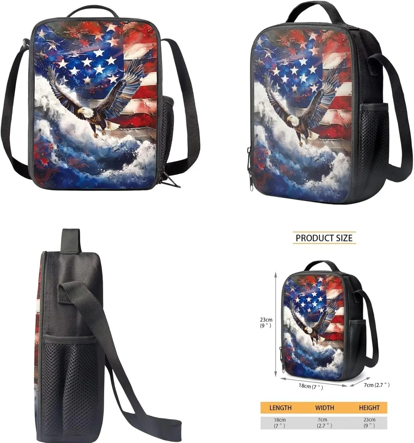 American Flag Eagle Backpack Bookbag Lunch Box Set with Pencil Case 3 Pieces Set for Kids Boys Kids Elementary School Bags Daypack Travel Bagpack