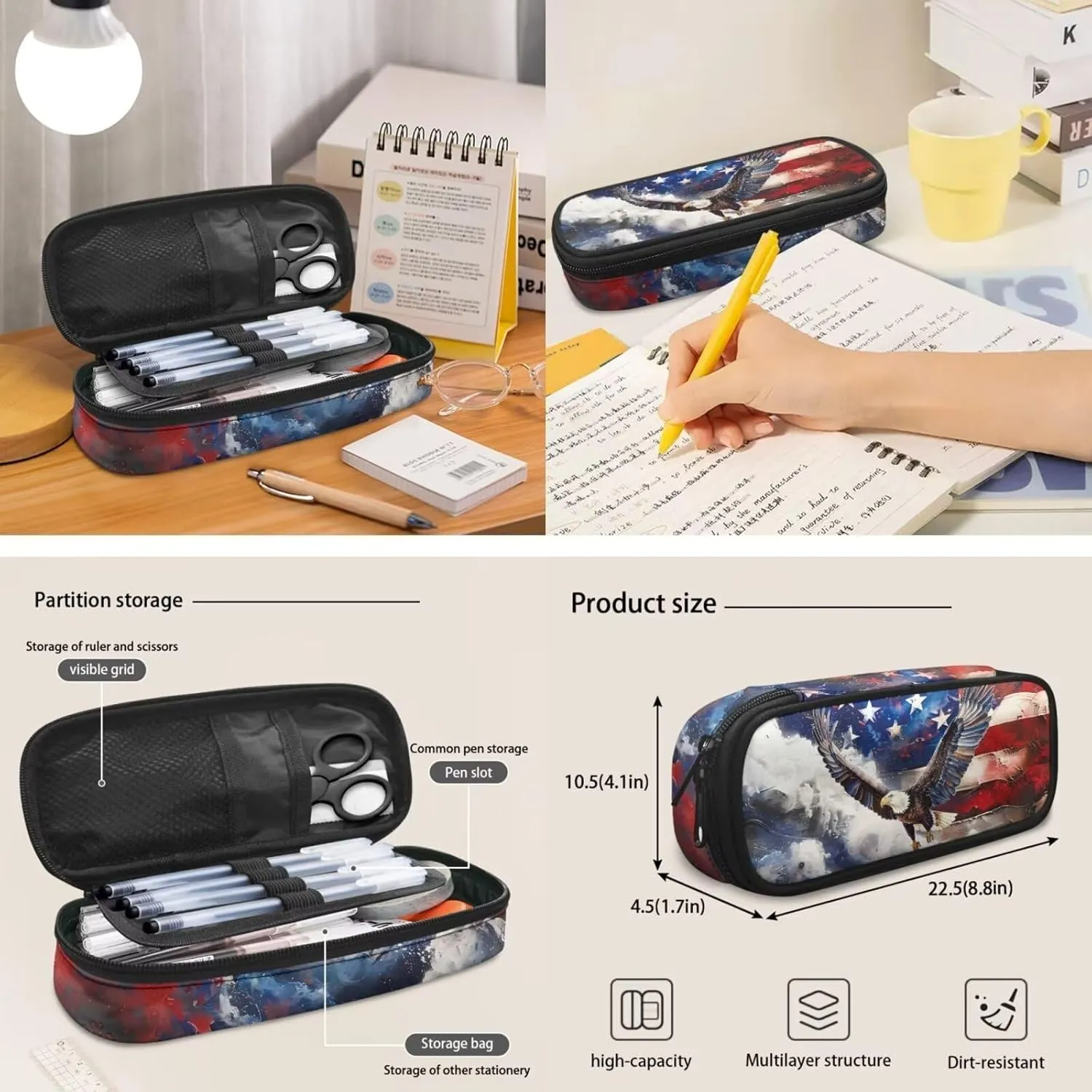 American Flag Eagle Backpack Bookbag Lunch Box Set with Pencil Case 3 Pieces Set for Kids Boys Kids Elementary School Bags Daypack Travel Bagpack