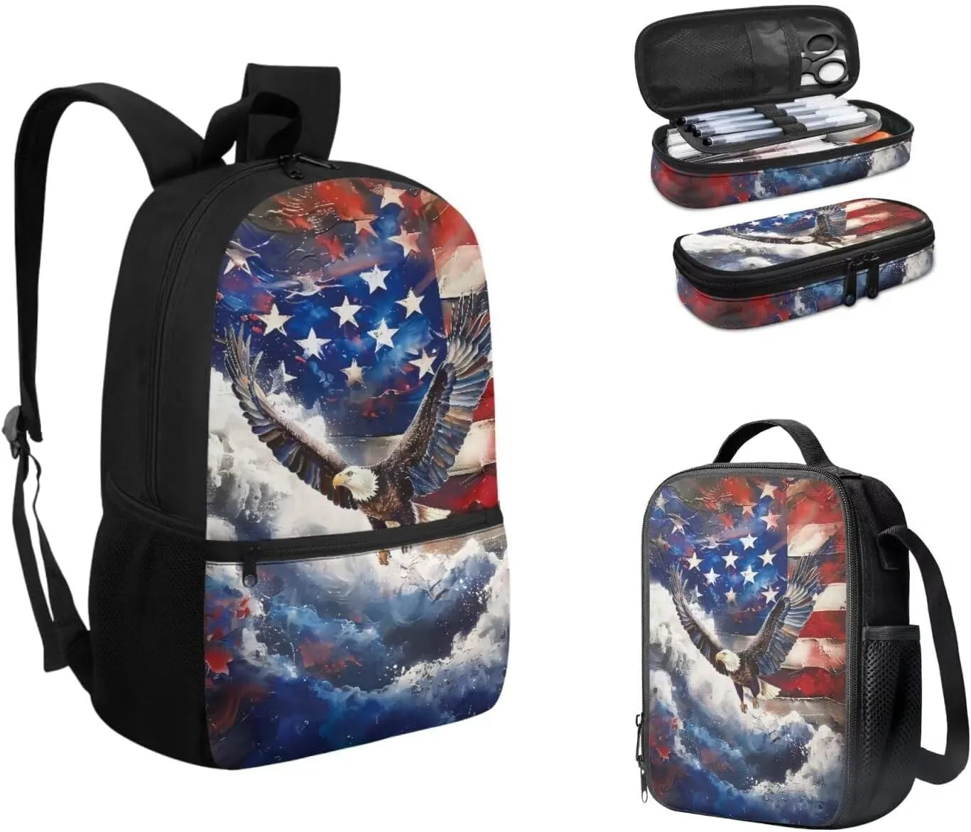 American Flag Eagle Backpack Bookbag Lunch Box Set with Pencil Case 3 Pieces Set for Kids Boys Kids Elementary School Bags Daypack Travel Bagpack