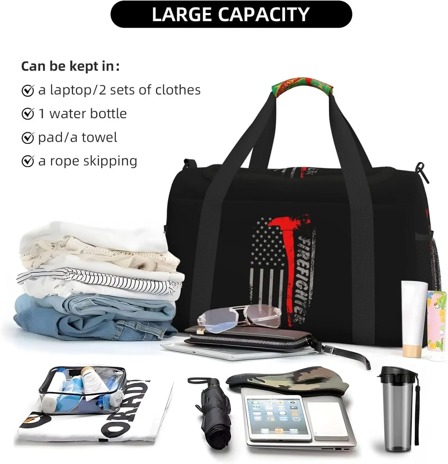 American Flag Firefighter Travel Duffel Bag Large Foldable Waterproof Overnight Bag For Beach Swim Bags Pool Sports Gym