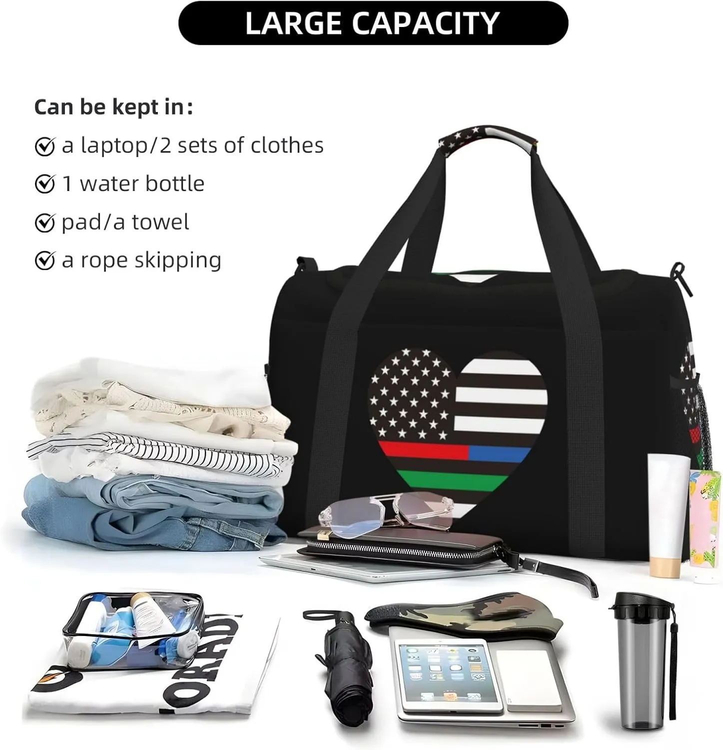 American Flag Love Travel Duffel Bag Large Foldable Waterproof Overnight Bag For Beach Swim Bags Pool Sports Gym