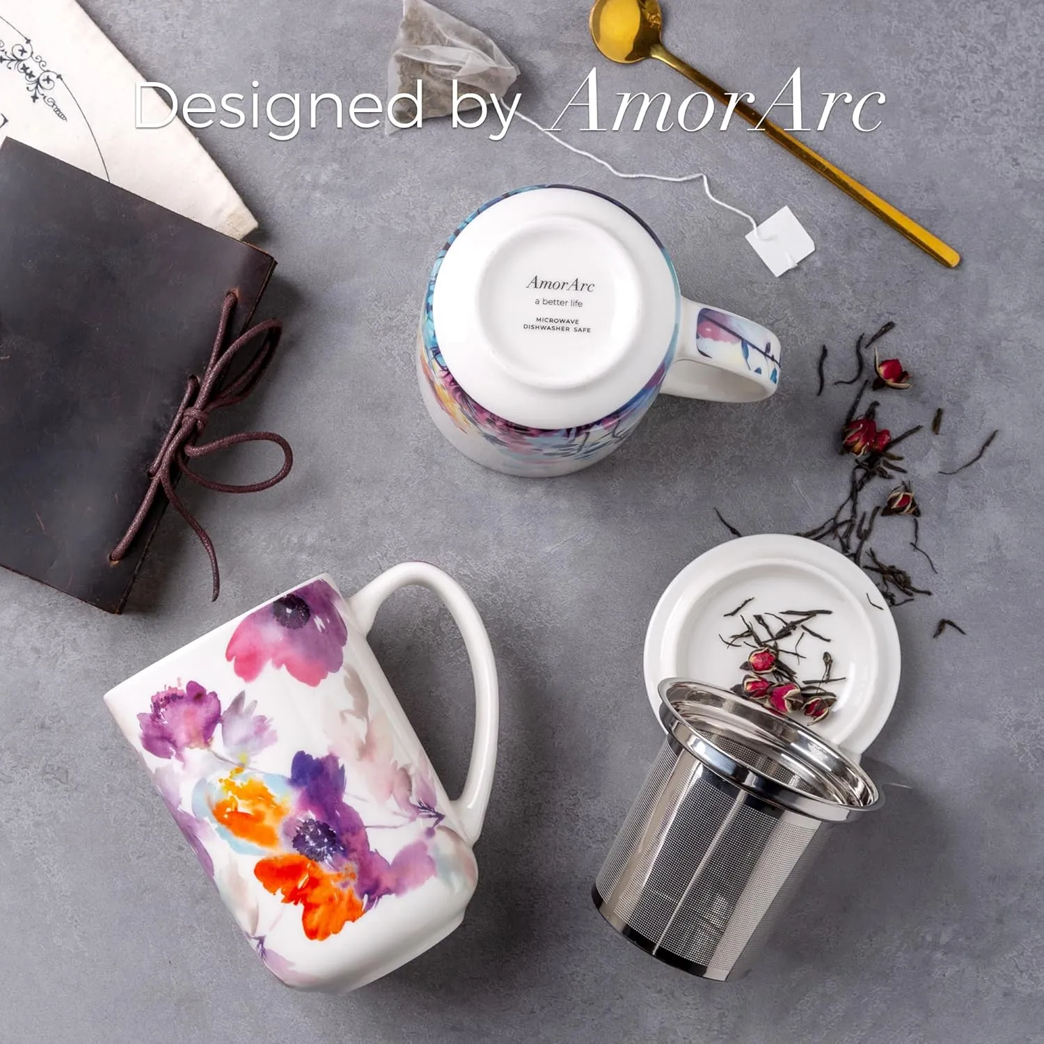 AmorArc Porcelain Tea Mug with Infuser and Lids, 18 Oz Large Cup Strainer with Bag Holder for Loose Leaf Tea, Steeping Coffee Mug for House-warming Wedding Birthday Gift
