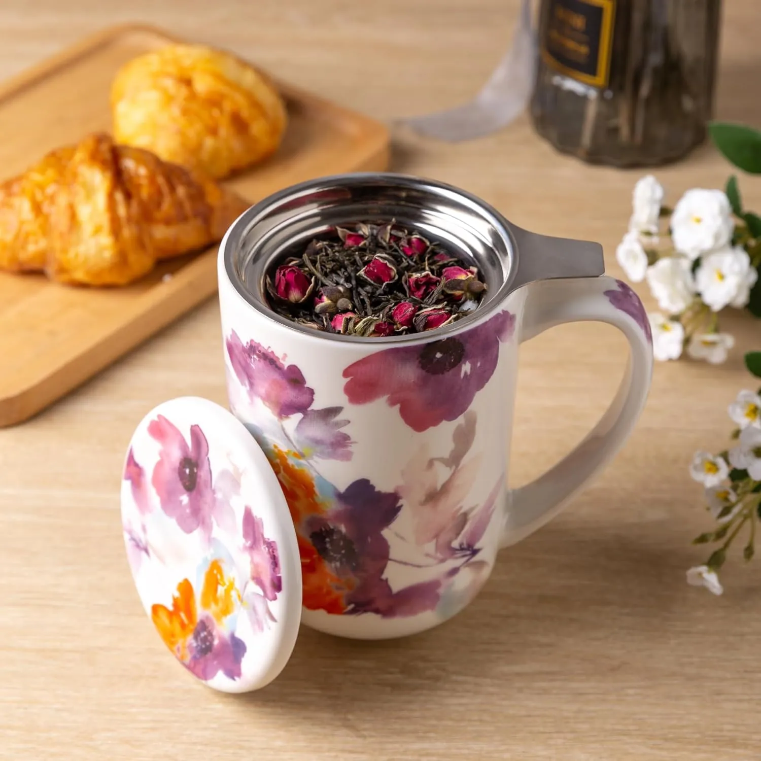 AmorArc Porcelain Tea Mug with Infuser and Lids, 18 Oz Large Cup Strainer with Bag Holder for Loose Leaf Tea, Steeping Coffee Mug for House-warming Wedding Birthday Gift
