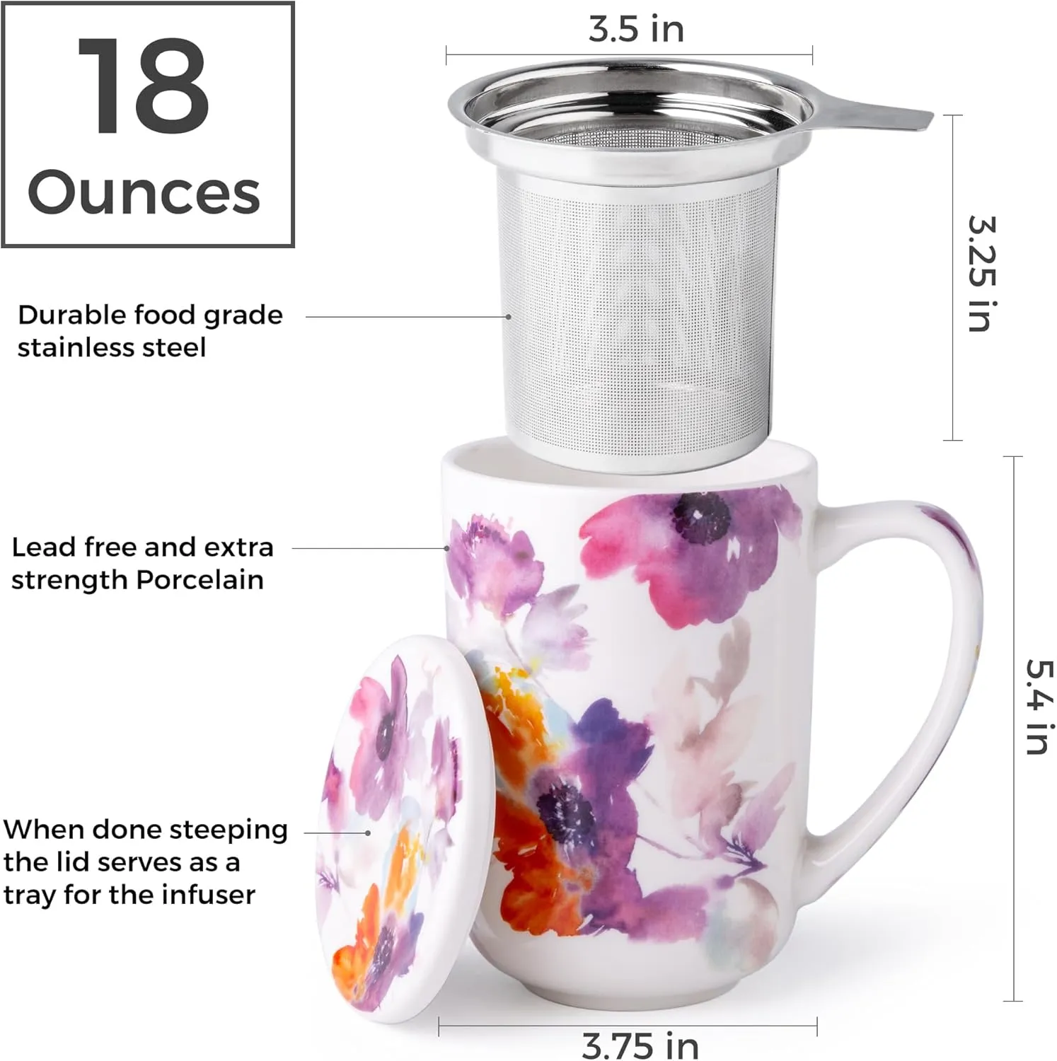 AmorArc Porcelain Tea Mug with Infuser and Lids, 18 Oz Large Cup Strainer with Bag Holder for Loose Leaf Tea, Steeping Coffee Mug for House-warming Wedding Birthday Gift