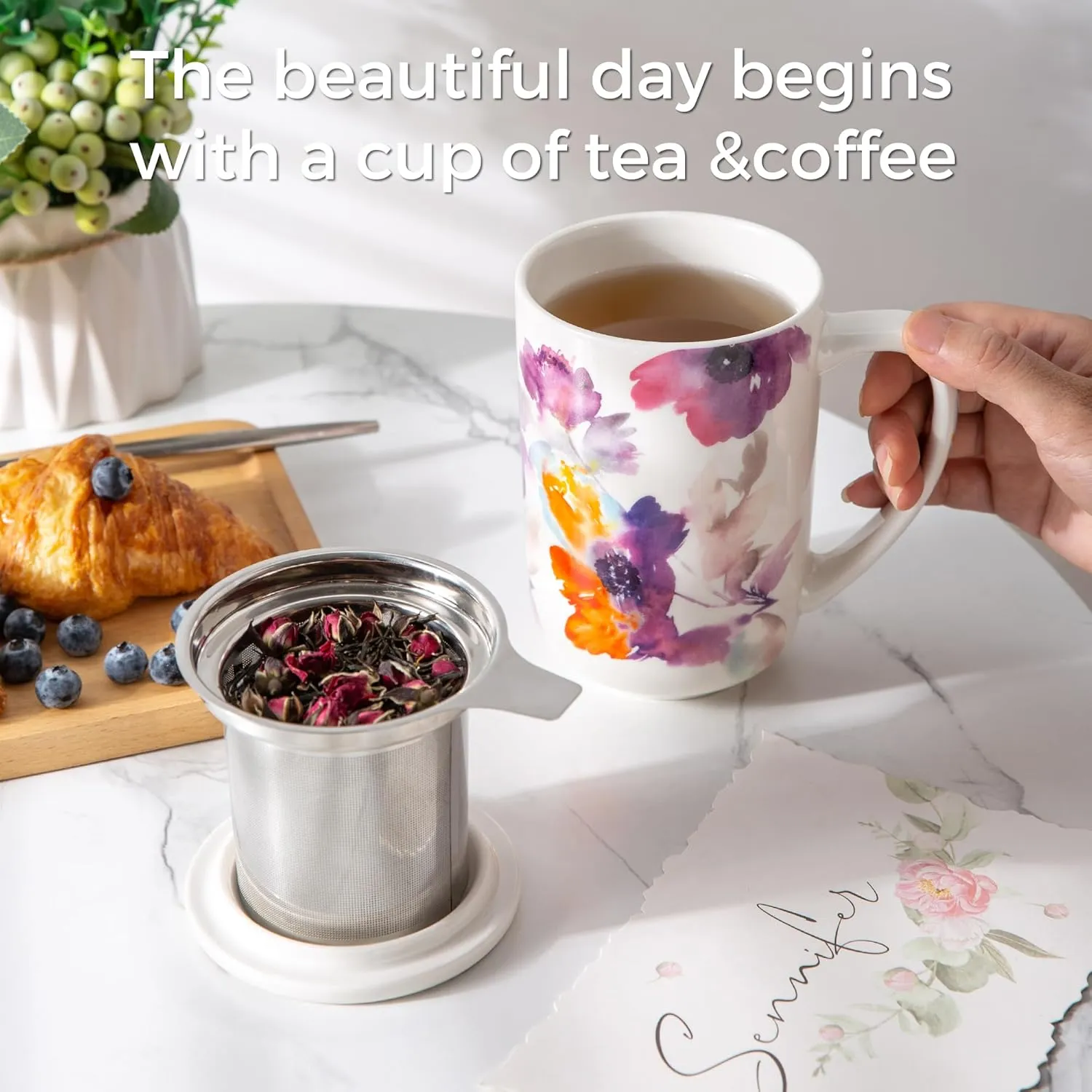 AmorArc Porcelain Tea Mug with Infuser and Lids, 18 Oz Large Cup Strainer with Bag Holder for Loose Leaf Tea, Steeping Coffee Mug for House-warming Wedding Birthday Gift
