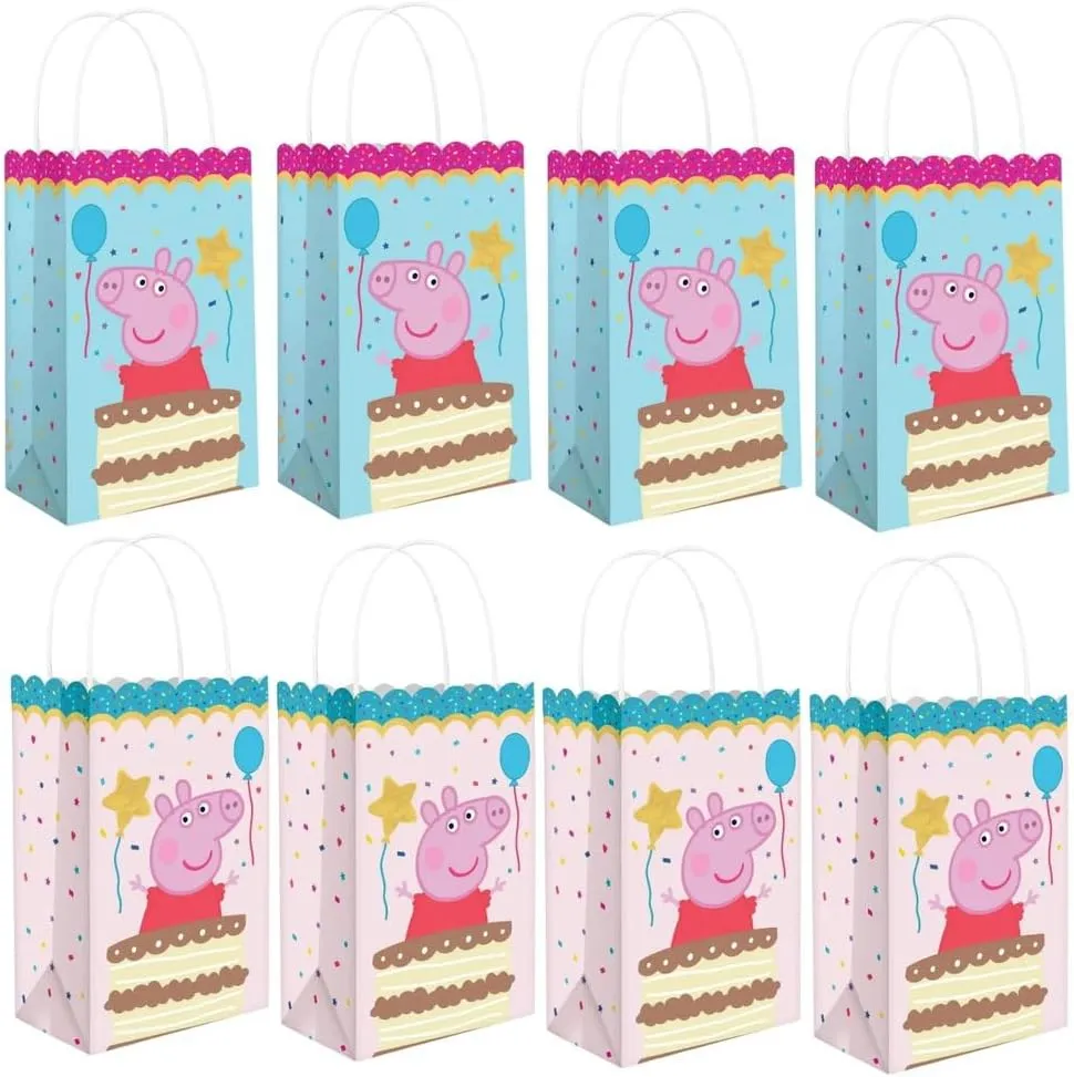 Amscan Charming Pink & Blue Peppa Tea Party Printed Kraft Bags - 8" x 5" (Pack of 8) - Perfect for Parties, Gifts & Goodies