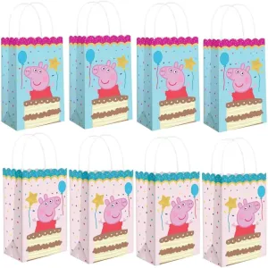 Amscan Charming Pink & Blue Peppa Tea Party Printed Kraft Bags - 8" x 5" (Pack of 8) - Perfect for Parties, Gifts & Goodies