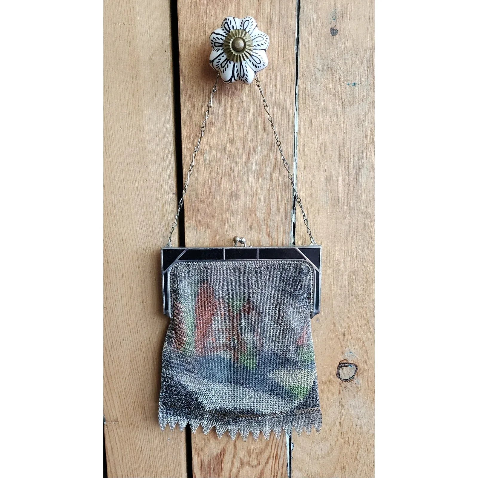 Antique Mesh Chain Purse Whiting Davis Village Scene Enamel Frame