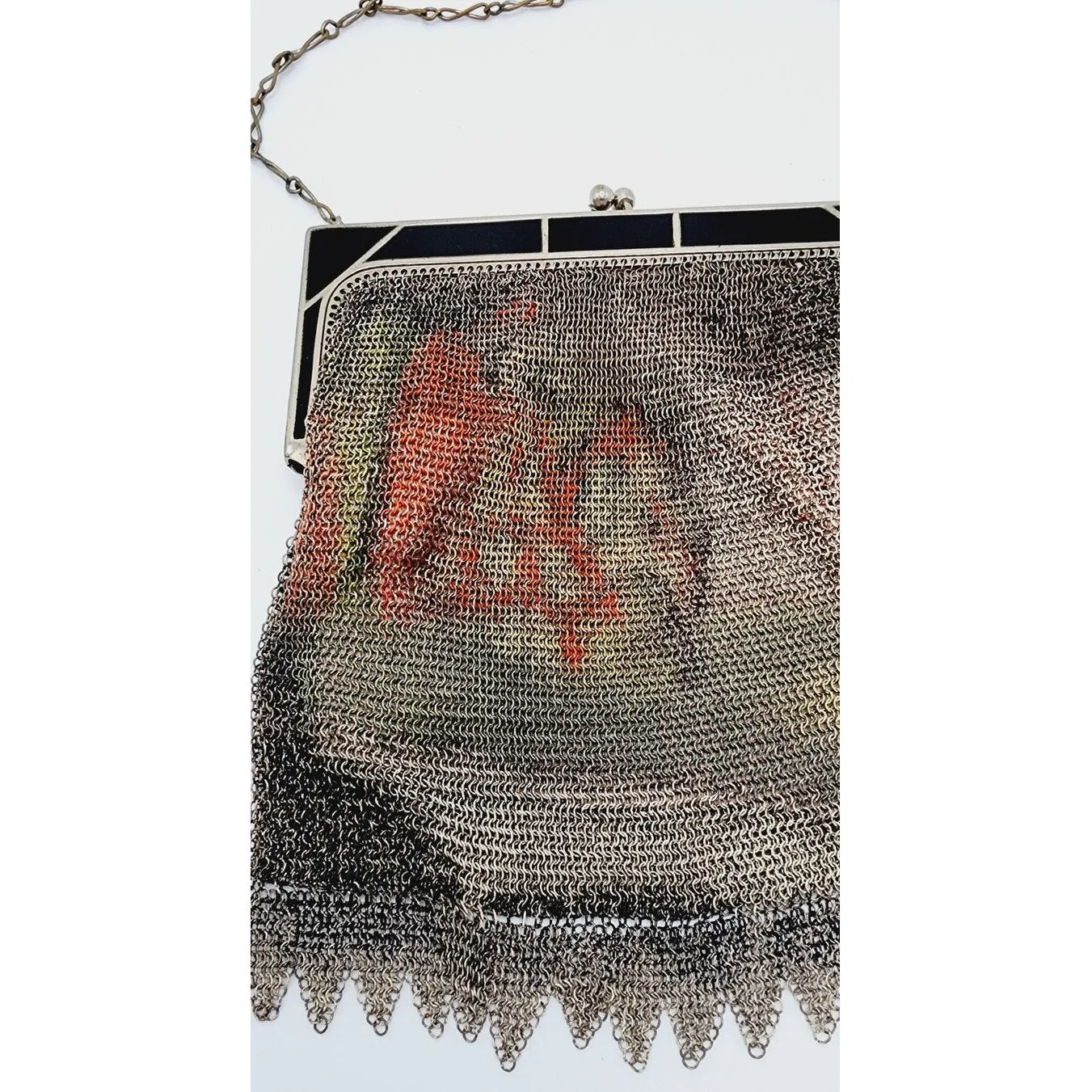 Antique Mesh Chain Purse Whiting Davis Village Scene Enamel Frame