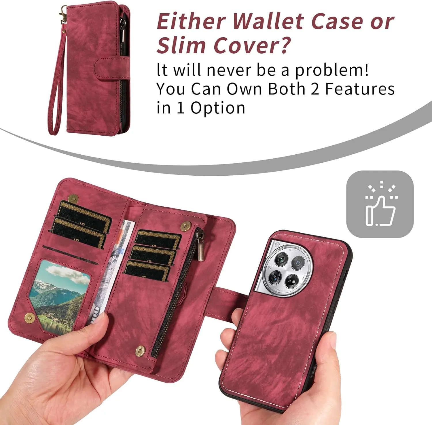 Asuwish Phone Case for OnePlus 12 5G Zipper Wallet Magnetic Cell Cover with Tempered Glass Screen Protector Crossbody Wrist Strap Flip Credit Card Holder Purse Slot One  1plus12 2024 Women Girls Red