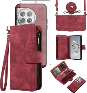 Asuwish Phone Case for OnePlus 12 5G Zipper Wallet Magnetic Cell Cover with Tempered Glass Screen Protector Crossbody Wrist Strap Flip Credit Card Holder Purse Slot One  1plus12 2024 Women Girls Red
