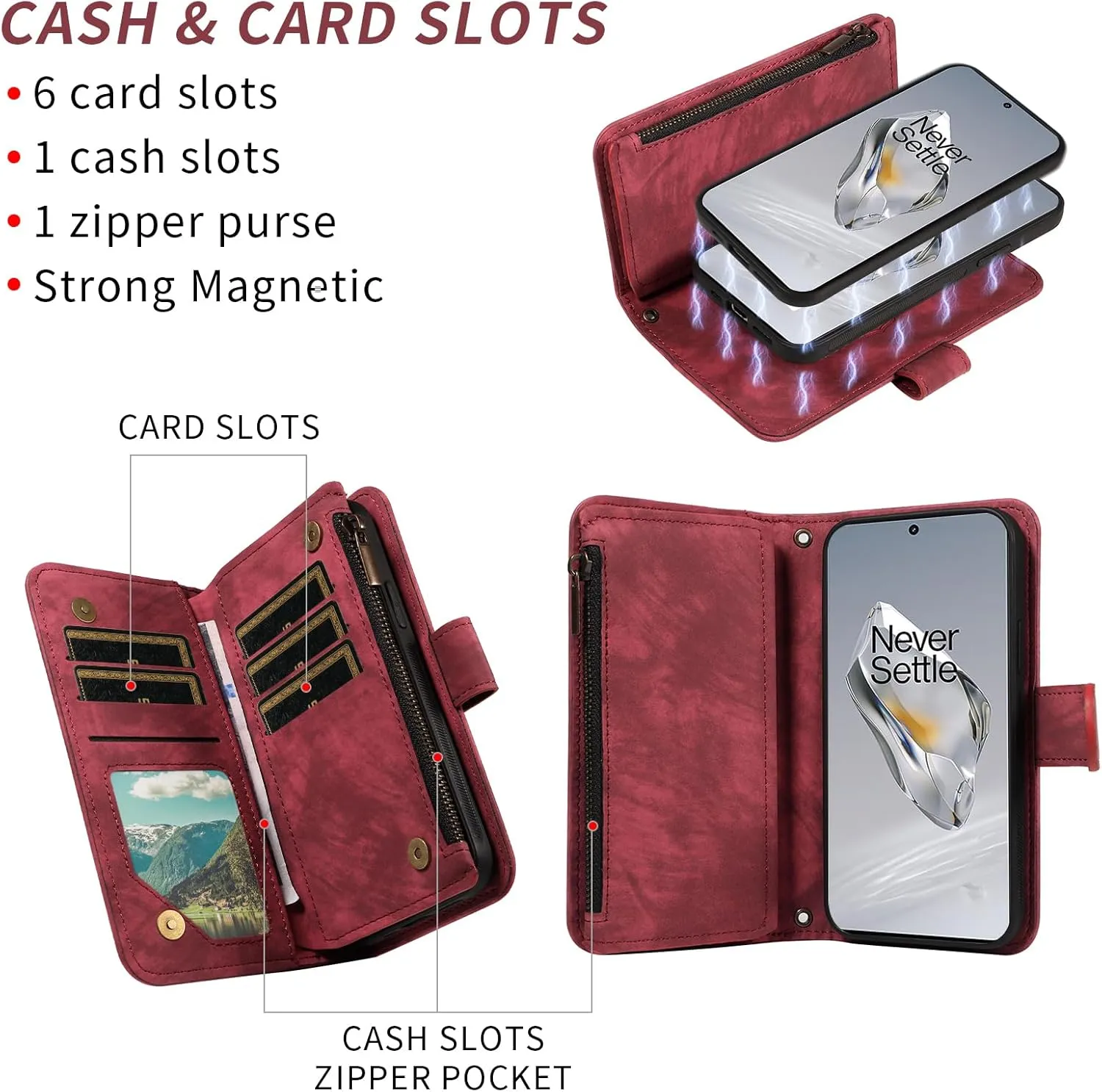 Asuwish Phone Case for OnePlus 12 5G Zipper Wallet Magnetic Cell Cover with Tempered Glass Screen Protector Crossbody Wrist Strap Flip Credit Card Holder Purse Slot One  1plus12 2024 Women Girls Red