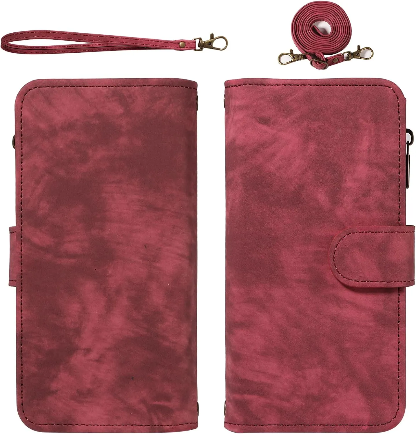 Asuwish Phone Case for OnePlus 12 5G Zipper Wallet Magnetic Cell Cover with Tempered Glass Screen Protector Crossbody Wrist Strap Flip Credit Card Holder Purse Slot One  1plus12 2024 Women Girls Red