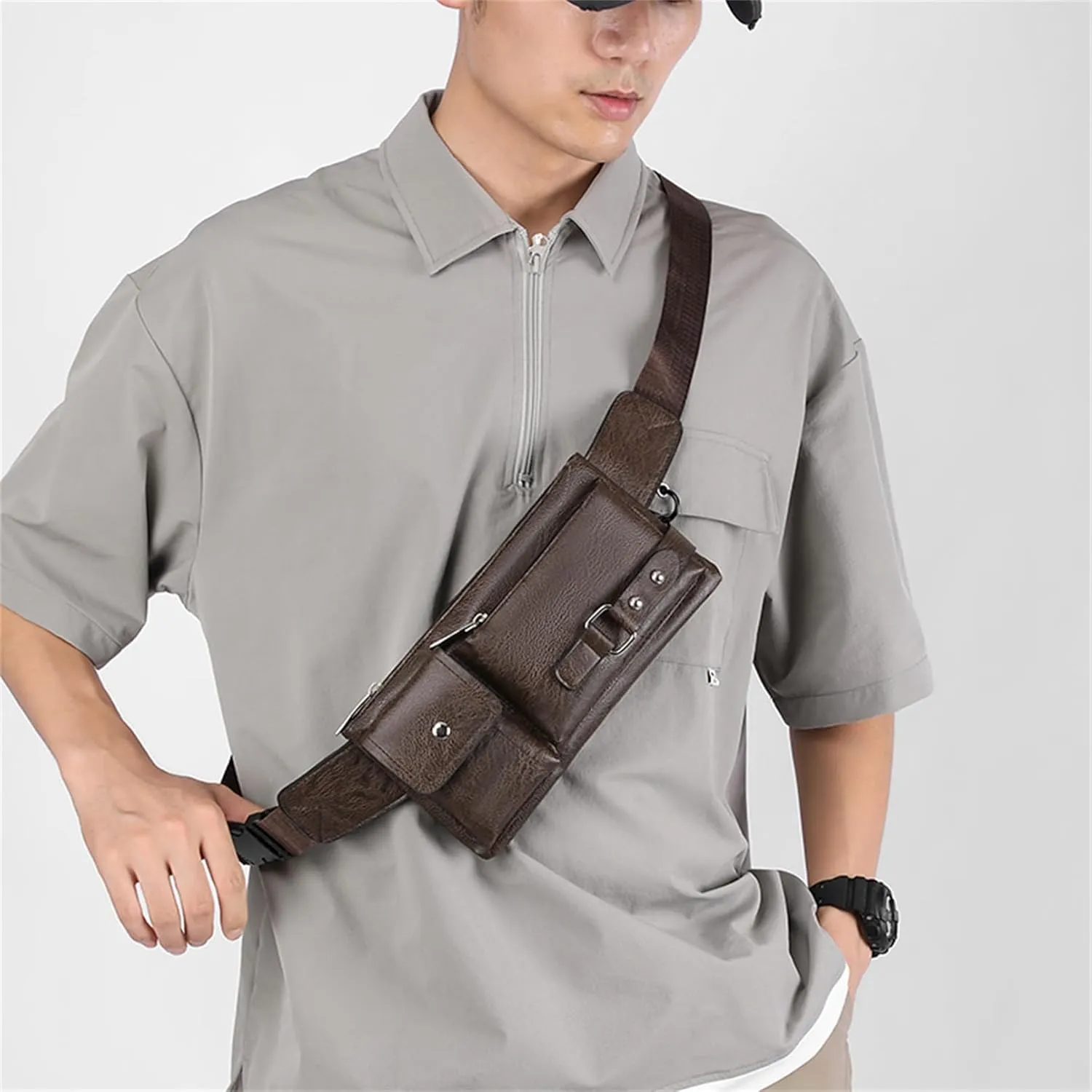 Ausion PU Leather Waist Bag for Outdoor & Casual Use - Spacious Crossbody Fanny Pack with Multi-Zipper Compartments, Secure Carry for Phones, Wallets & Keys, Ideal Gift for Travelers