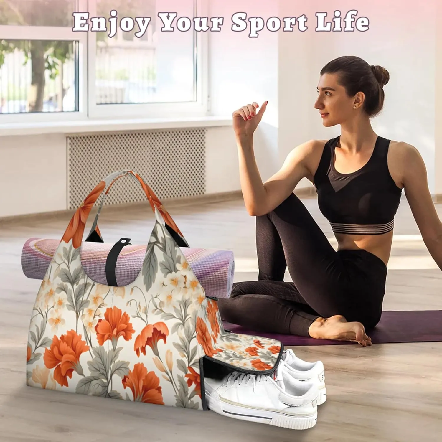 Autumn Florals Waterproof Gym Bag for Men Women, Sports Duffel Bag with Shoe Compartment Yoga Mat Holder, Portable Large Travel Bag for Fitness, Camping, Weekend Trips