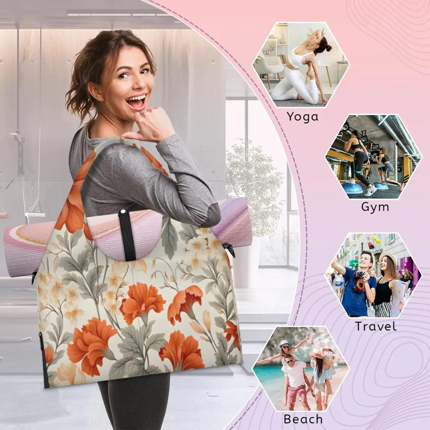 Autumn Florals Waterproof Gym Bag for Men Women, Sports Duffel Bag with Shoe Compartment Yoga Mat Holder, Portable Large Travel Bag for Fitness, Camping, Weekend Trips