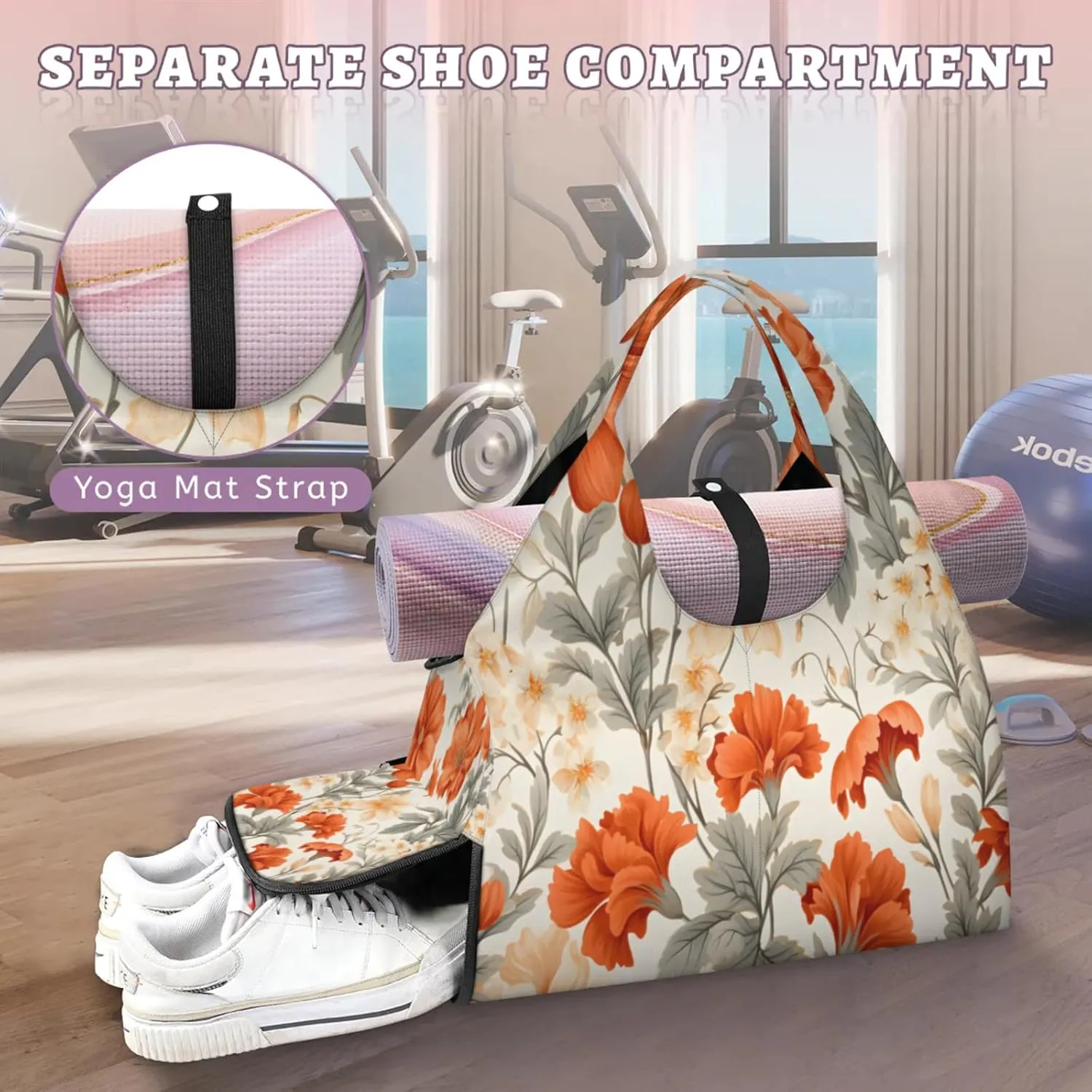 Autumn Florals Waterproof Gym Bag for Men Women, Sports Duffel Bag with Shoe Compartment Yoga Mat Holder, Portable Large Travel Bag for Fitness, Camping, Weekend Trips