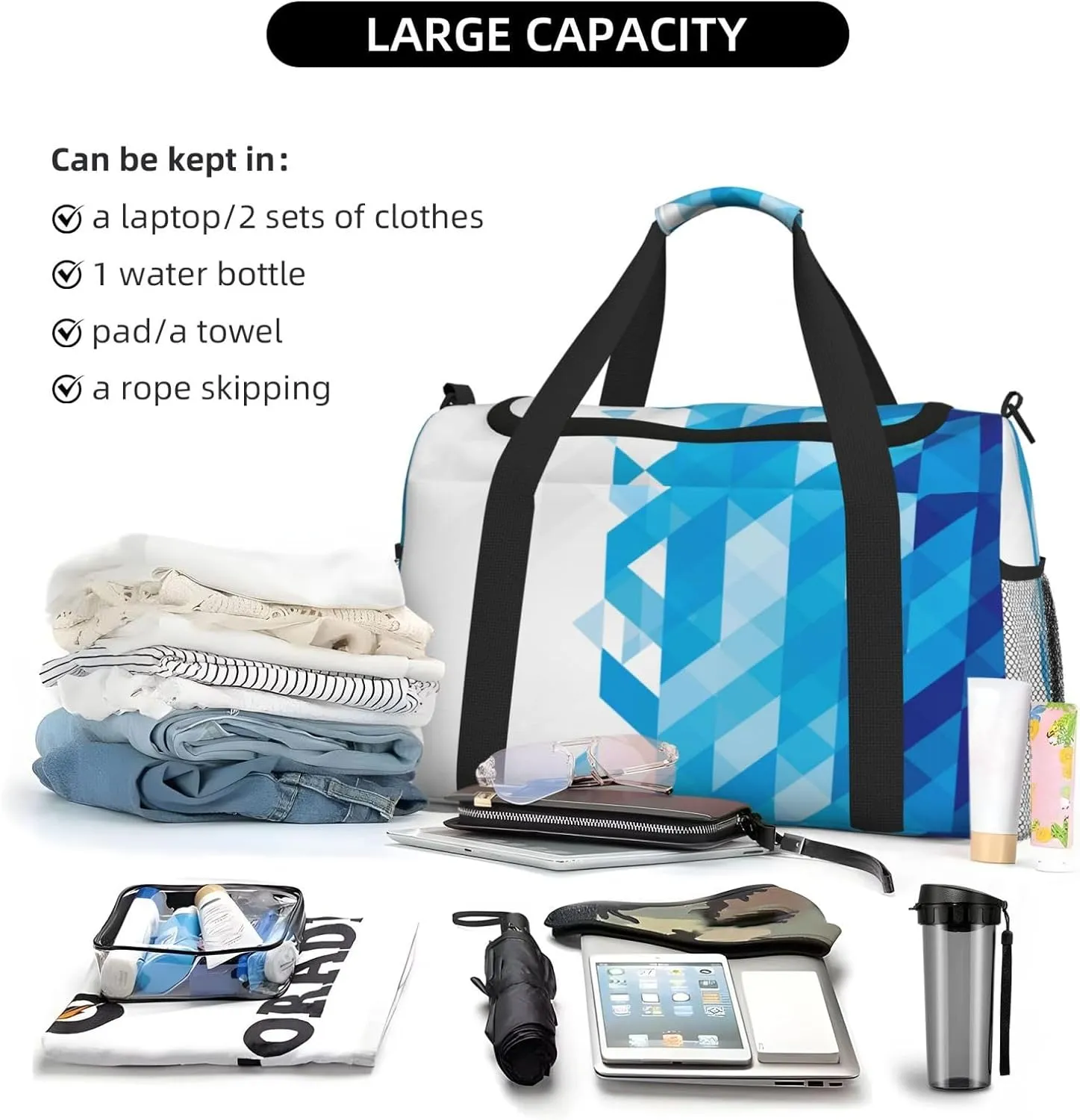 Azure Triangle On White Water Travel Duffel Bag Large Foldable Waterproof Overnight Bag For Beach Swim Bags Pool Sports Gym