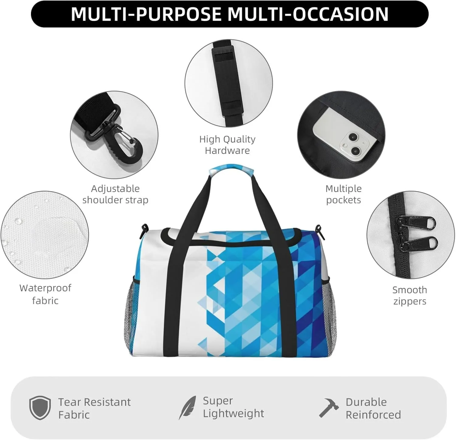 Azure Triangle On White Water Travel Duffel Bag Large Foldable Waterproof Overnight Bag For Beach Swim Bags Pool Sports Gym